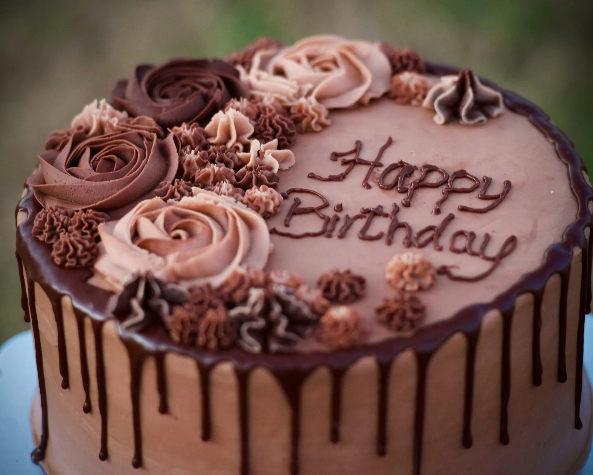 A chocolate celebration cake decorated with frosting roses