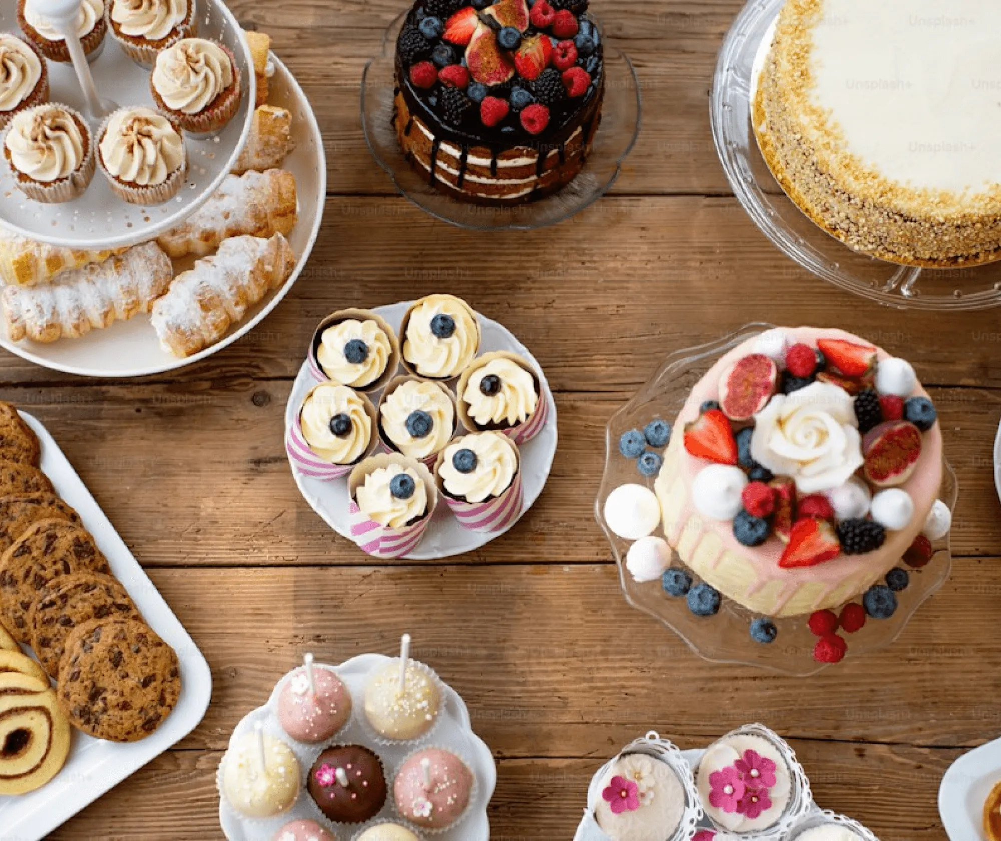 Table of pastries and cakes at the bakery